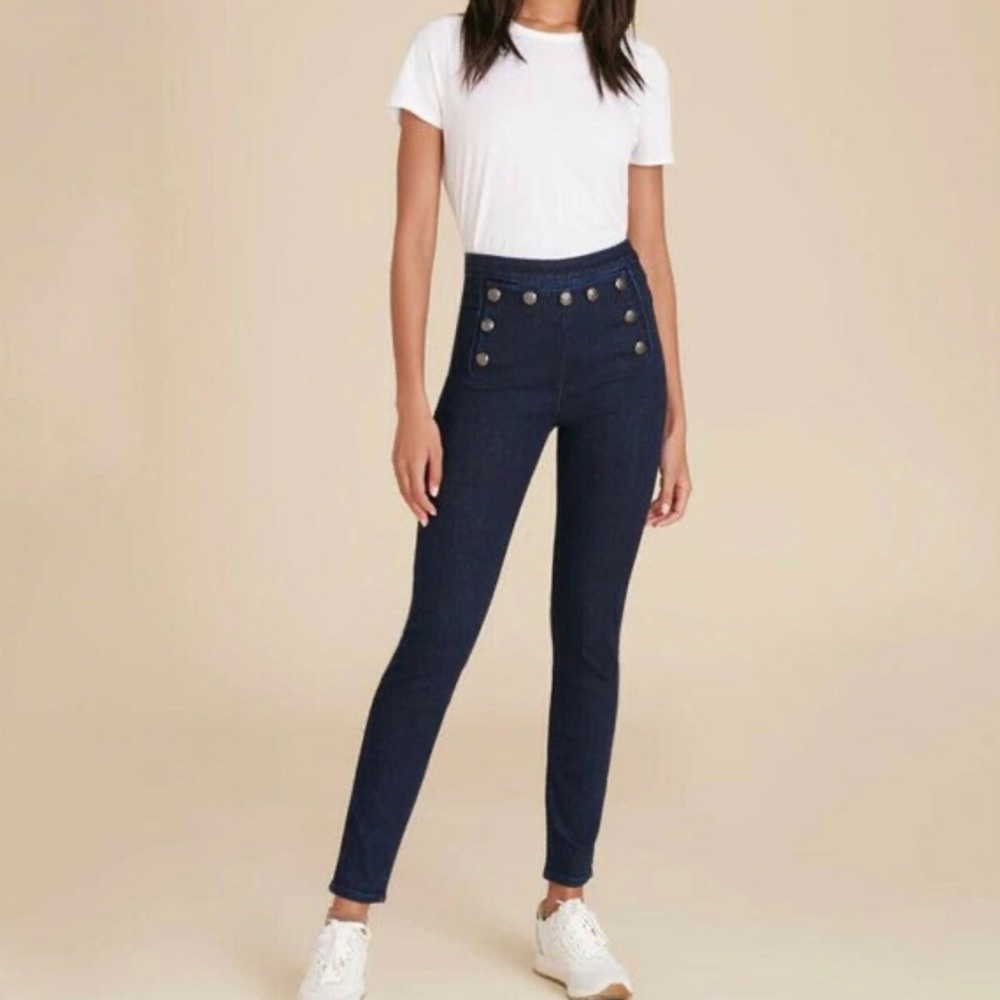 Veronica Beard Navy High-Waist Sailor Button Skinny Jeans